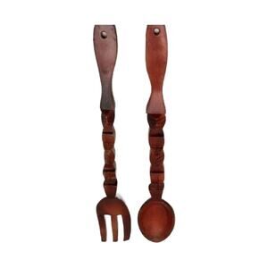 Mid Century Oversized Wooden Tiki Fork and Spoon 1970, 17" Tall